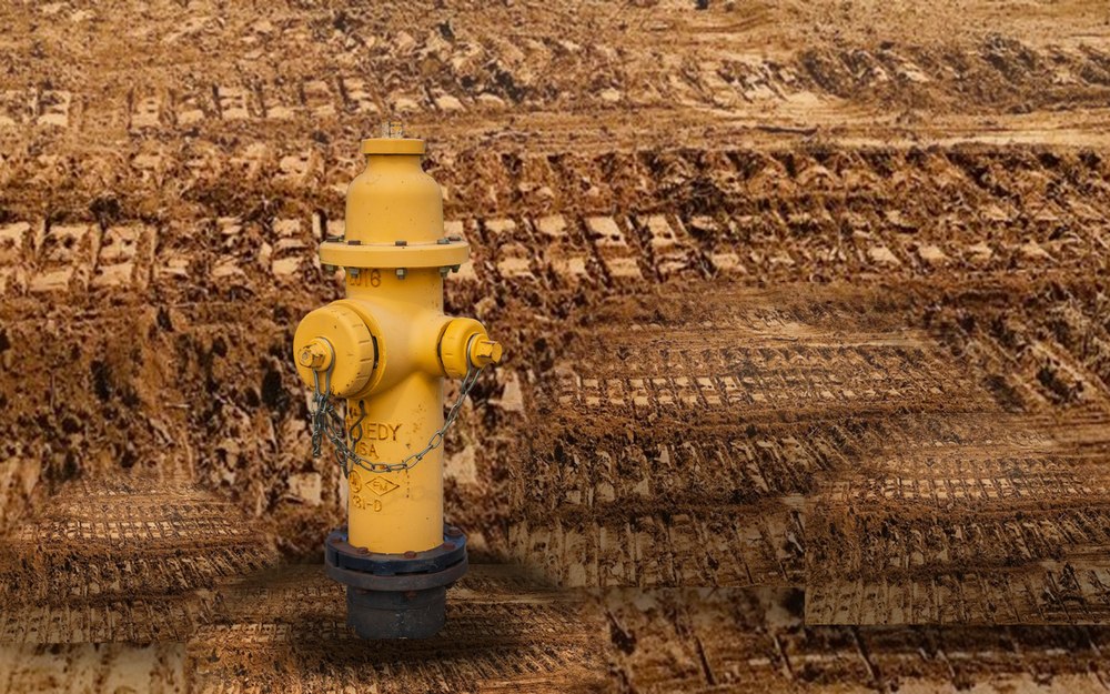 Fire hydrant set in freshly excavated ground during installation