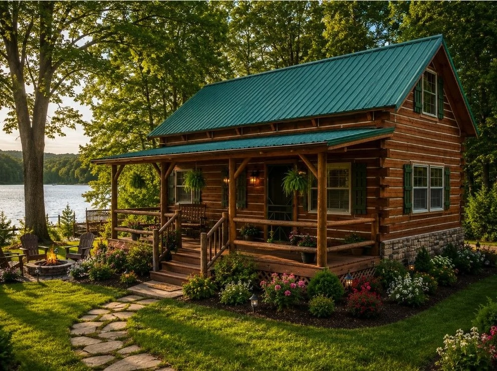 Handcrafted Amish log cabin with wraparound porch by a lake