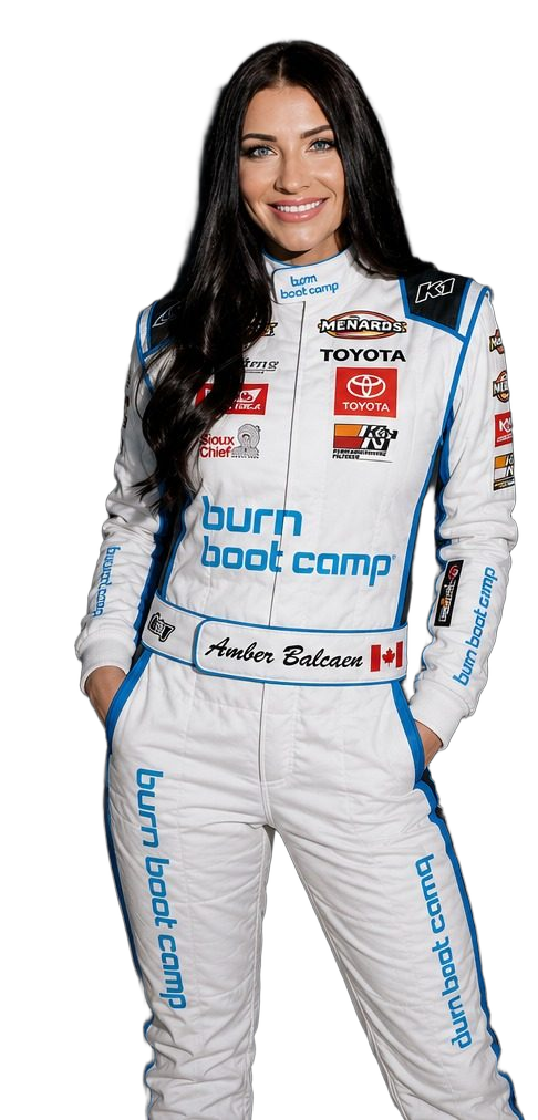 Amber Balcaen in a Burn Boot Camp racing suit