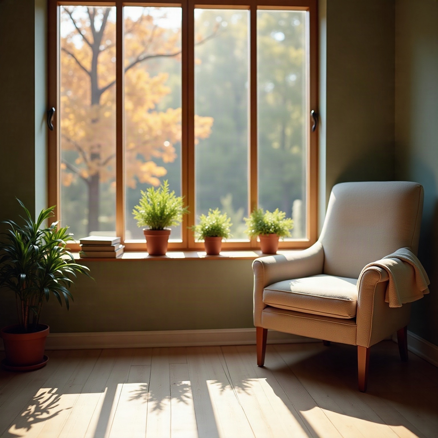 A quiet empty room: an armchair with a wool throw beside a wide wooden window, autumn leaves outside, plants and books on the sill, afternoon light across a wooden floor.