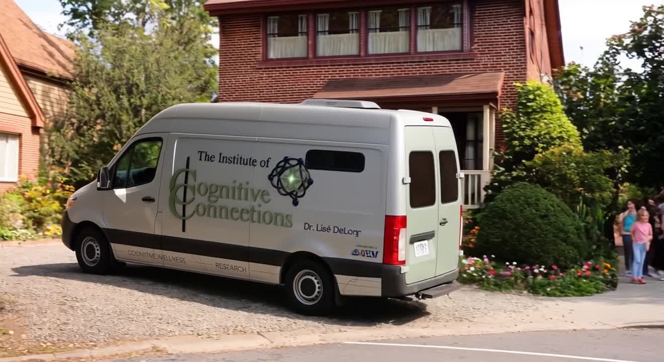 The Institute's mobile clinic van parked on a residential street outside a brick house.