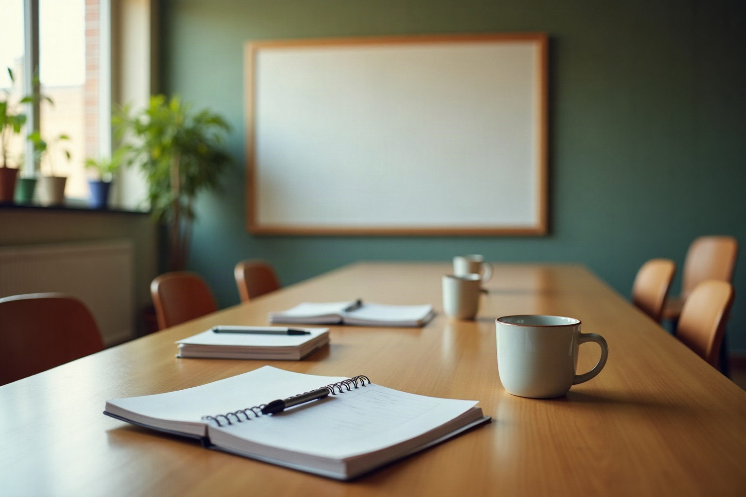 An empty seminar room set for a training day: a long wooden table with open notebooks and mugs, a blank whiteboard, plants by the window.
